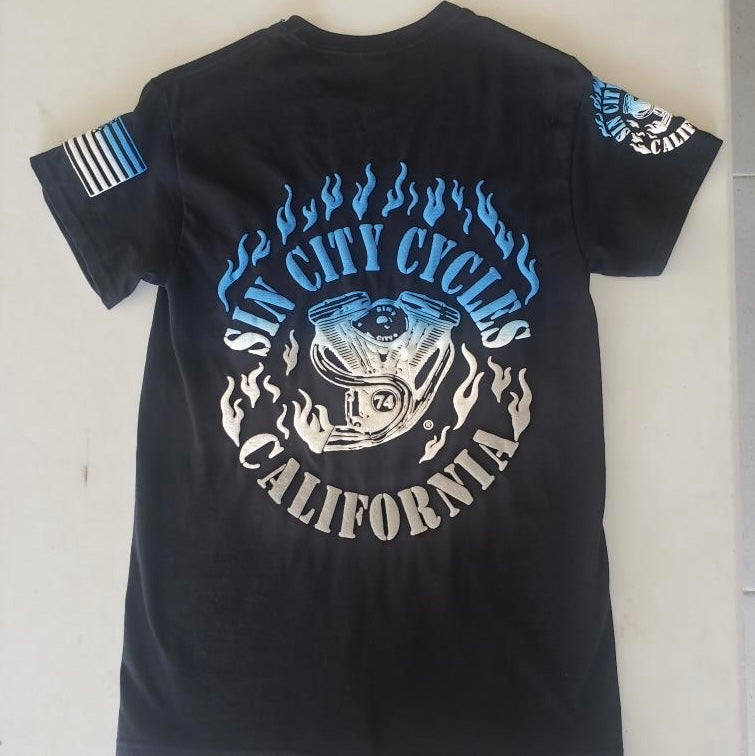 Black Short Sleeve Blue and White Fade