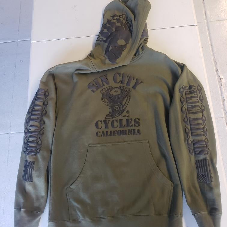 Military Green Hoodie with Black Puff Sin City Cycles