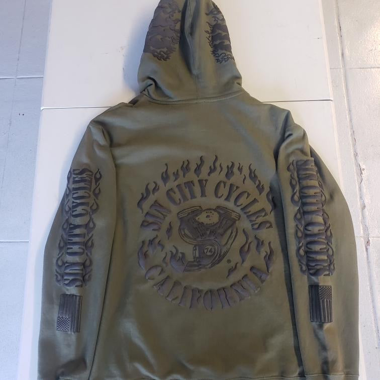 Military Green Hoodie with Black Puff