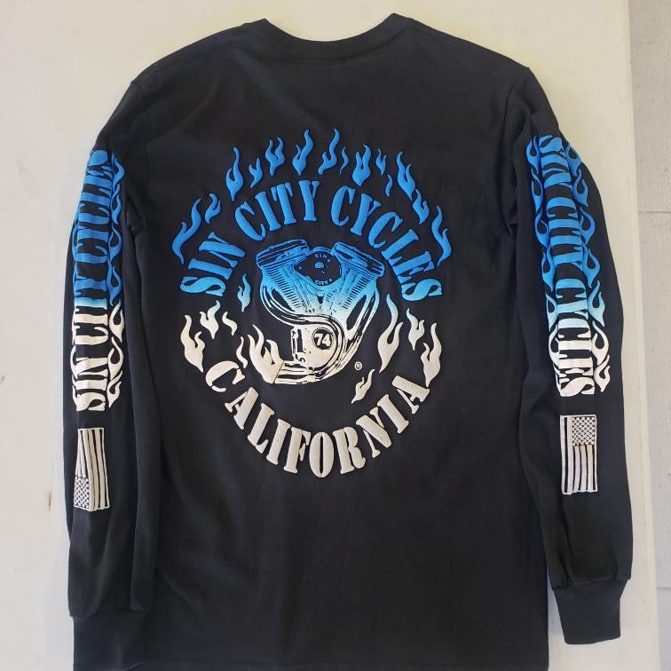 Long Sleeve Black Shirt with Blue and White Fade