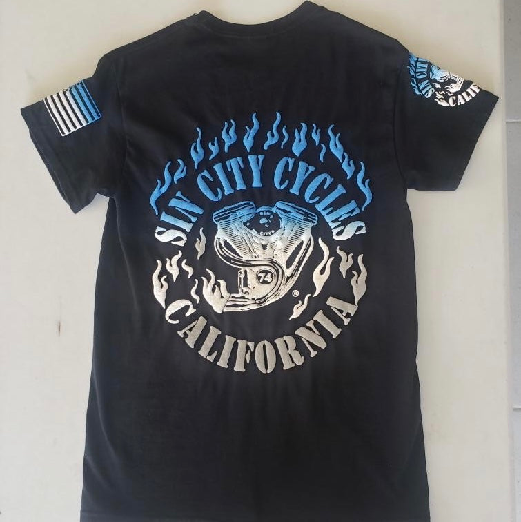 Black Short Sleeve Blue and White Fade